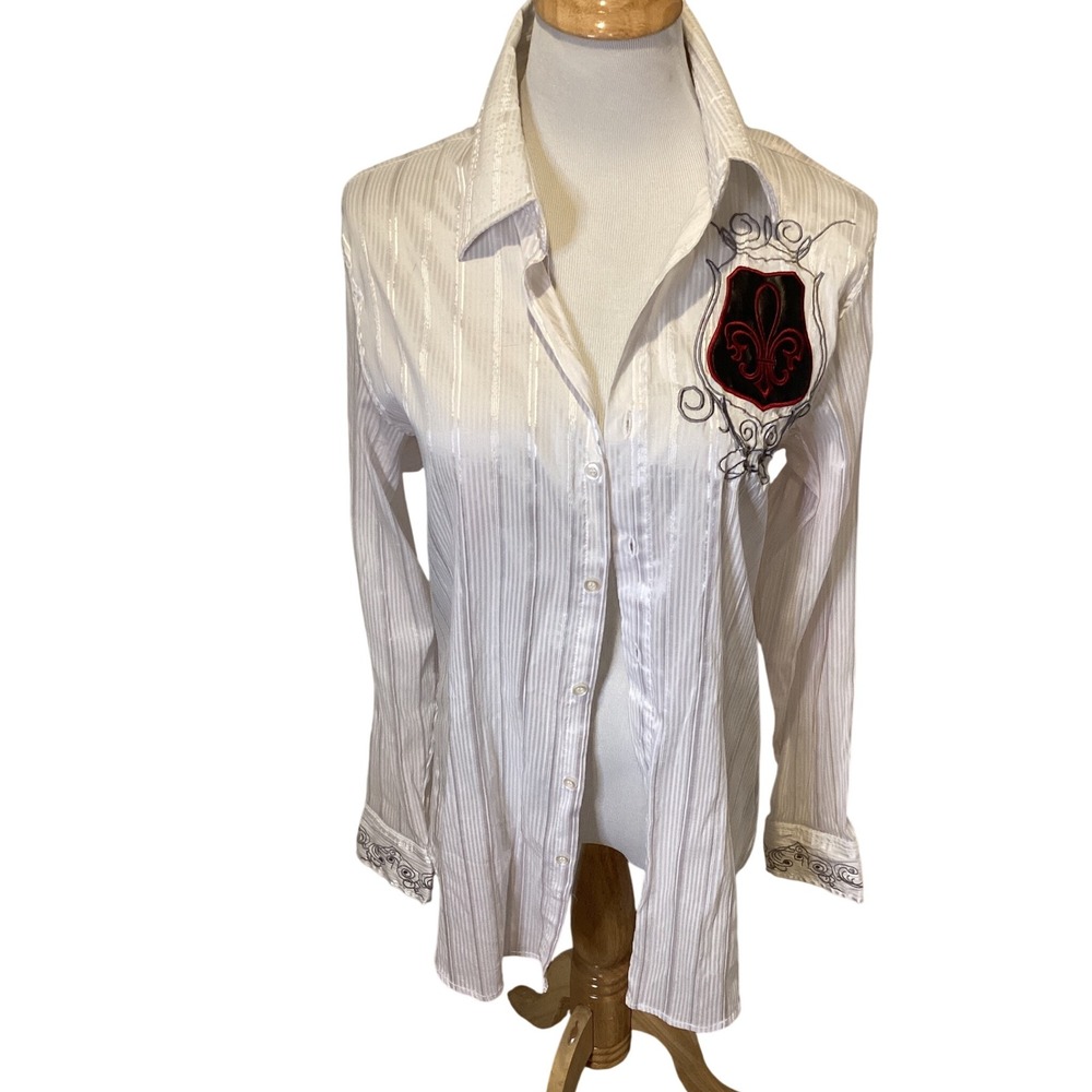El General Mens White‎ Embroidered Fleur de Lis Dragon Button Down Shirt Size L